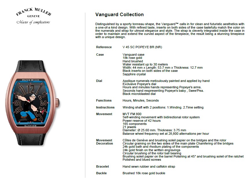 Franck Muller x Bamford Watch Department Popeye inspired Vanguard